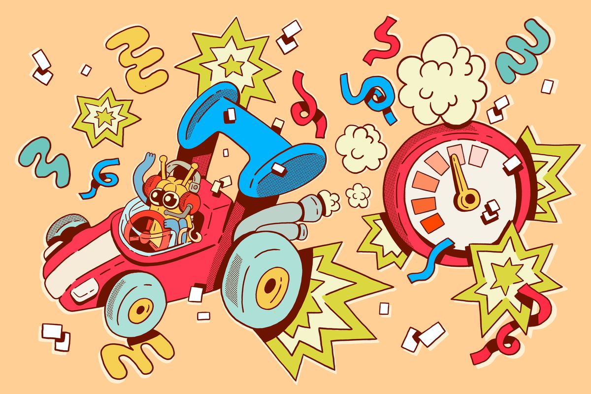 An illustration of a character driving a go-kart, surrounded by myriad visual effects, including squiggles, explosions, puffs of smoke, and other driving-related elements, like a speedometer.
