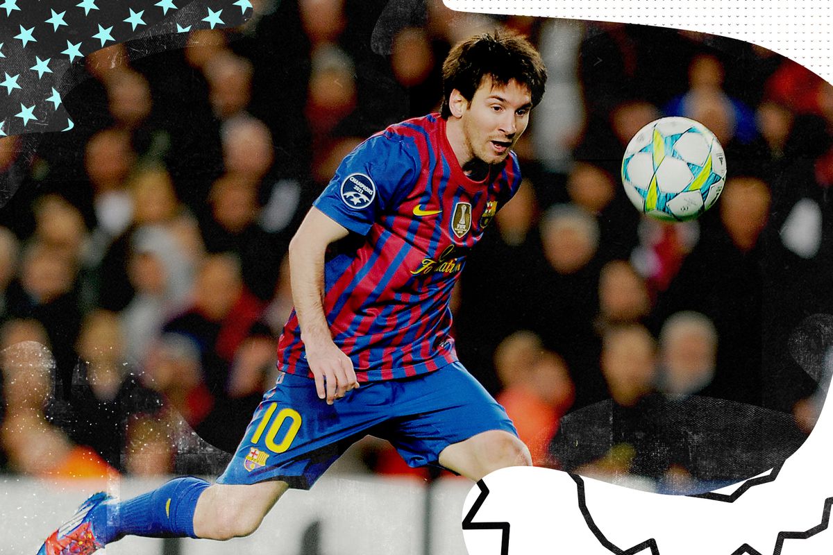 Messi in 2011 chasing a juggling soccer ball against Leverkusen.