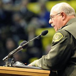 Utah County Sheriff Jim Tracy speaks during the funeral service for Utah County Sheriff's Sgt. Cory Wride at the UCCU Events Center in Orem on Wednesday, Feb. 5, 2014.