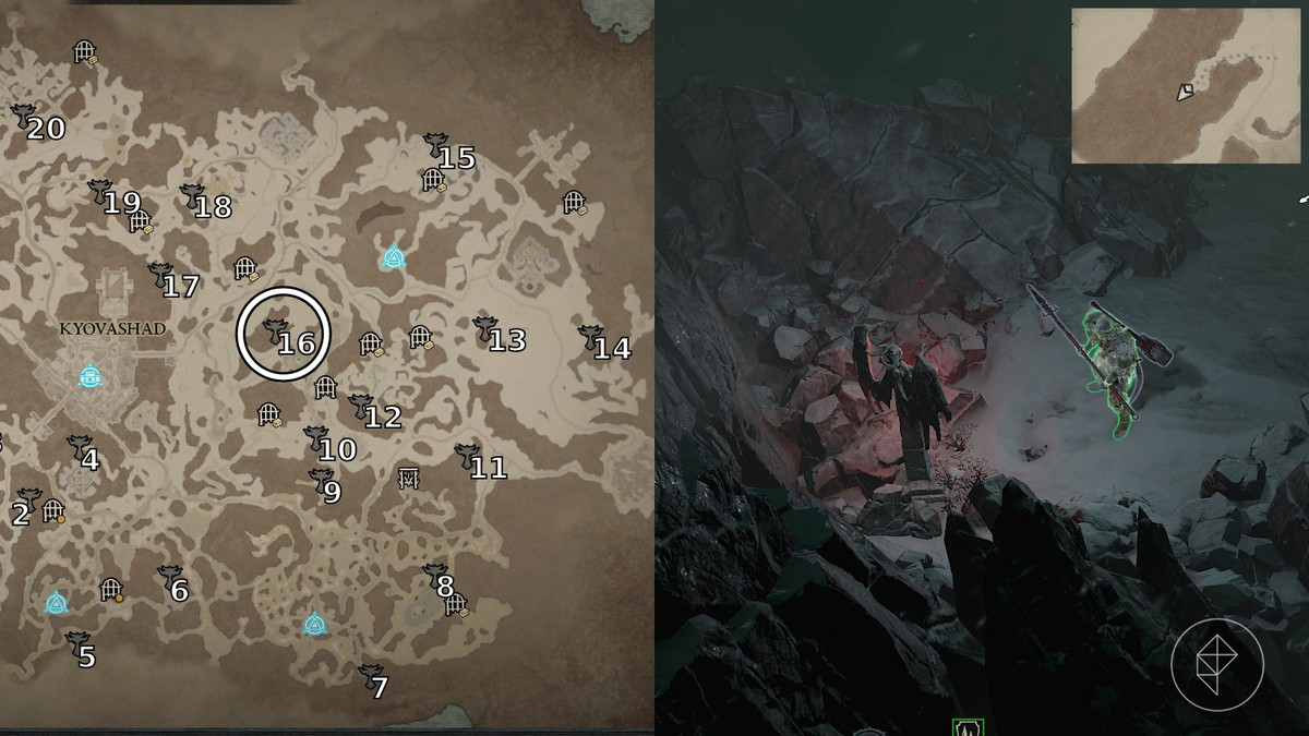 Altar of Lilith found in the Olyam Tundra area of the Frigid Expanse in Diablo 4 / IV depicted by an annotated map and an in game screenshot
