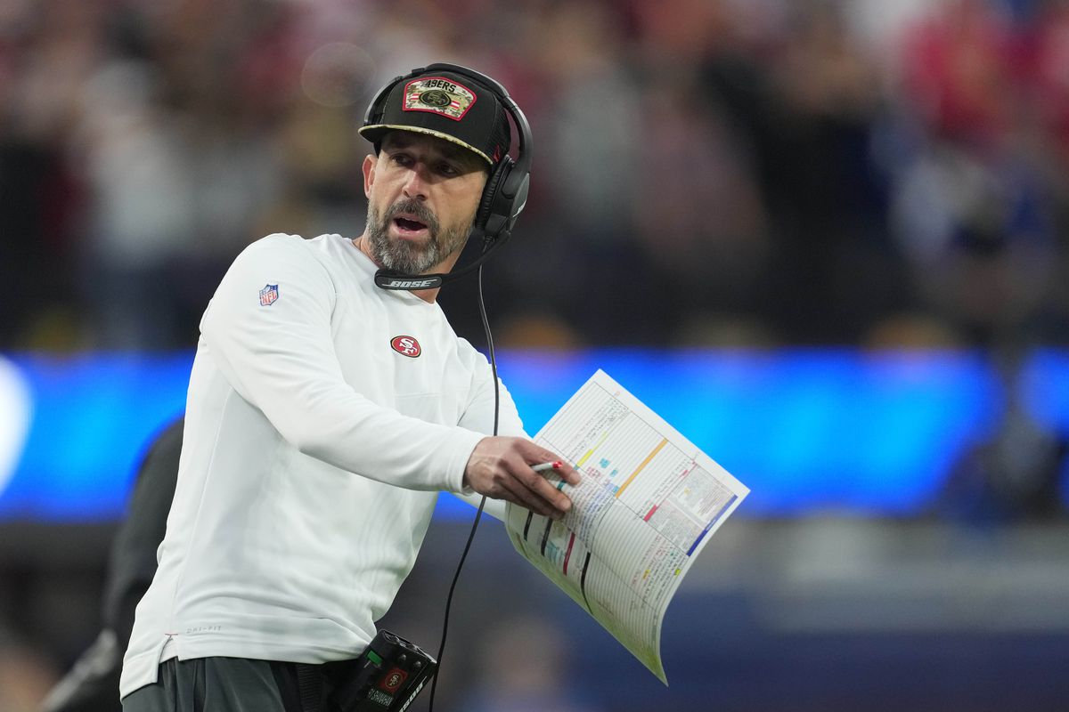 San Francisco 49ers head coach Kyle Shanahan gestures in the first half during the NFC Championship Game against the Los Angeles Rams at SoFi Stadium.