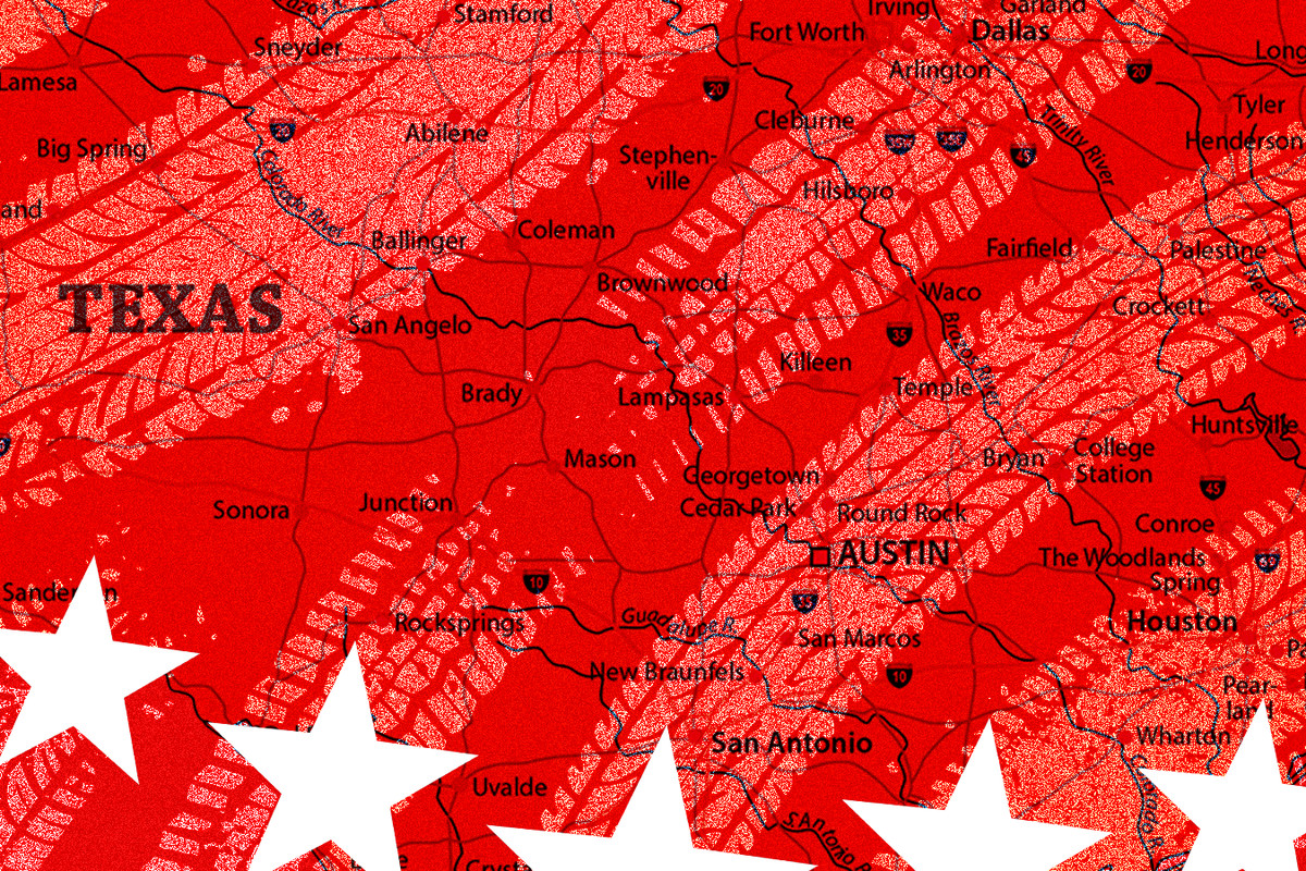 A red map of Texas with white stars on the bottom.