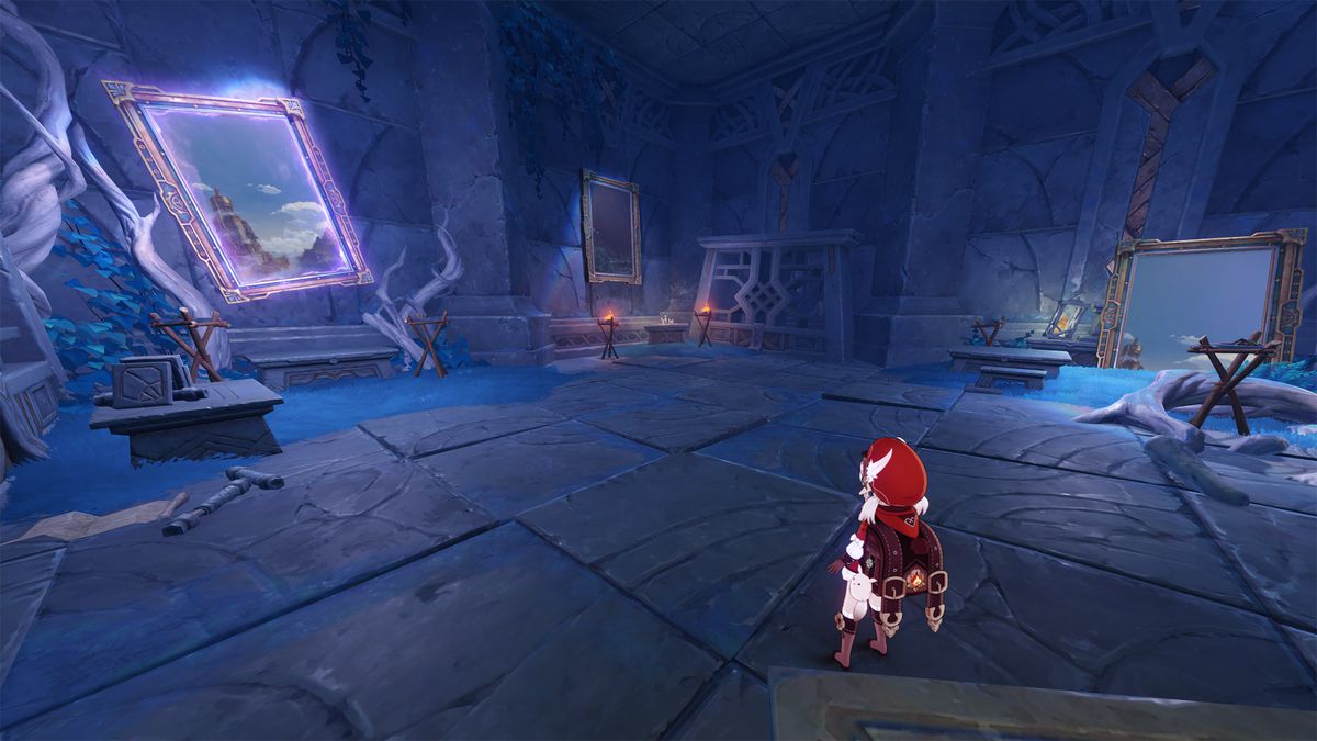 A character with red hair stands next to a looking glass hidden mirror in Genshin Impact.