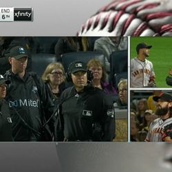 Finally, the money shot. You’ve got the boring robot umps, the fun, ALIVE human beings in the outfield, Cory Gearrin rethinking his life and Buster Posey ready to explode with rage. 