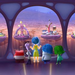This photo provided by Disney-Pixar shows , Anger, Fear, Joy, Sadness and Disgust look out upon Riley's Islands of Personality, in a scene from the new animated film, "Inside Out."  The movie opens June 19, 2015.  