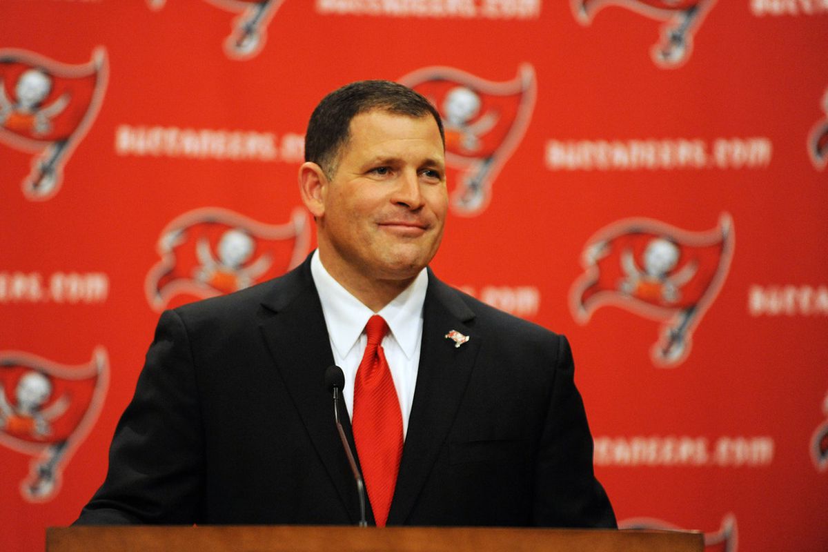 TAMPA, FL - JANUARY 27:  Coach Greg Schiano of the Tampa Bay Buccaneers speaks to the media at an introduction press conference at the team training facility January 27, 2012 in Tampa, Florida. (Photo by Al Messerschmidt/Getty Images)