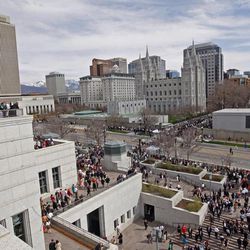 The crowd outside after The Church of Jesus Christ of Latter-day Saints' Saturday afternoon session of the 183rd Annual General Conference Saturday, April 6, 2013, in Salt Lake City.