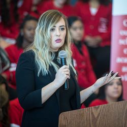 Aubriana Martindale, Smith’s corporate affairs manager, speaks during the opening of East High School's expanded Leopard Stash food pantry in Salt Lake City on Tuesday, Nov. 20, 2018.