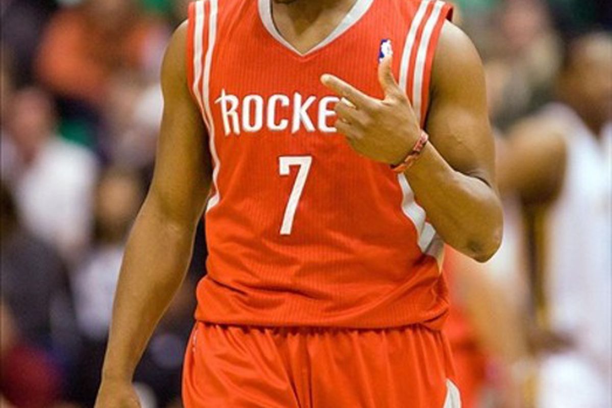 February 29, 2012; Salt Lake City, UT, USA; Houston Rockets point guard Kyle Lowry (7) reacts during the second half against the Utah Jazz at Energy Solutions Arena. The Jazz defeated the Rockets 104-83. Mandatory Credit: Russ Isabella-US PRESSWIRE