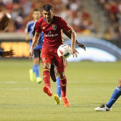 Real Salt Lake midfielder Javier Morales (11) sends the ball into the box as Salt Lake Real and San Jose play in Sandy on Friday, July 22, 2016.
