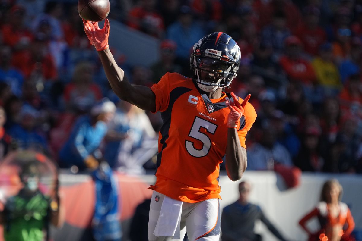 Denver Broncos quarterback Teddy Bridgewater (5) passes the ball in the first quarter against the Detroit Lions at Empower Field at Mile High.