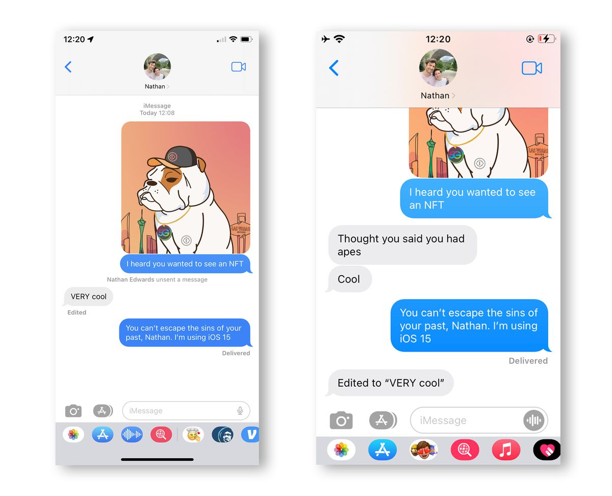 Screenshot of the same iMessage conversation on iOS 16 (left) and iOS 15.5, showing that unsent and edited messages do not work if the recipient isn’t using iOS 16