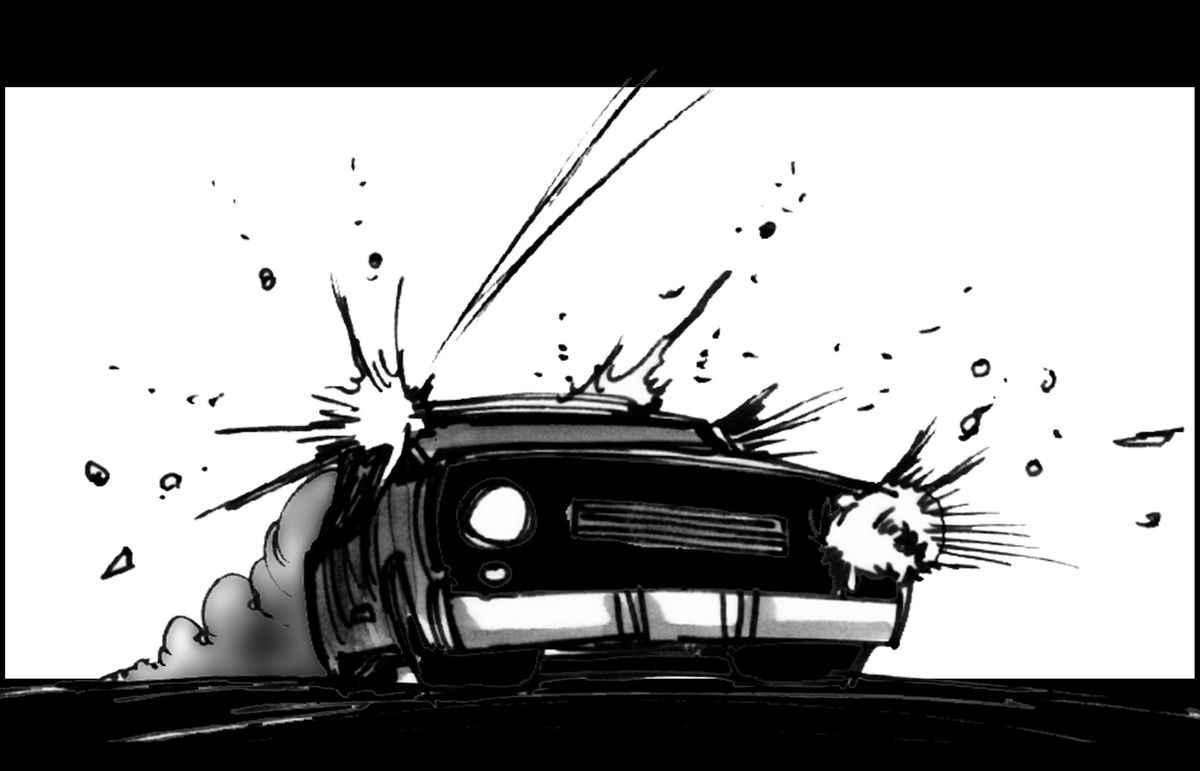 A storyboard drawing of Niobe’s car getting hit by bullets in Enter the Matrix