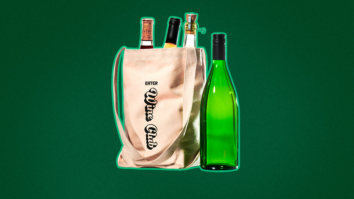 A bag of wine with the words “Wine Club” and the Eater logo holding a few bottles of wine alongside a generic green screw top wine bottle.