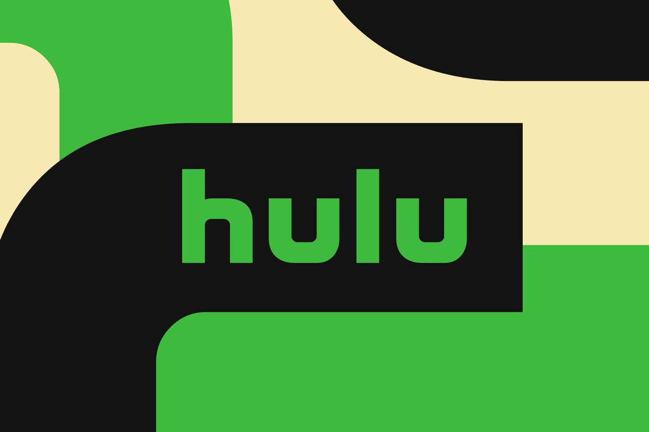 The green Hulu logo set against a background of shapes colored green, cream, and black.
