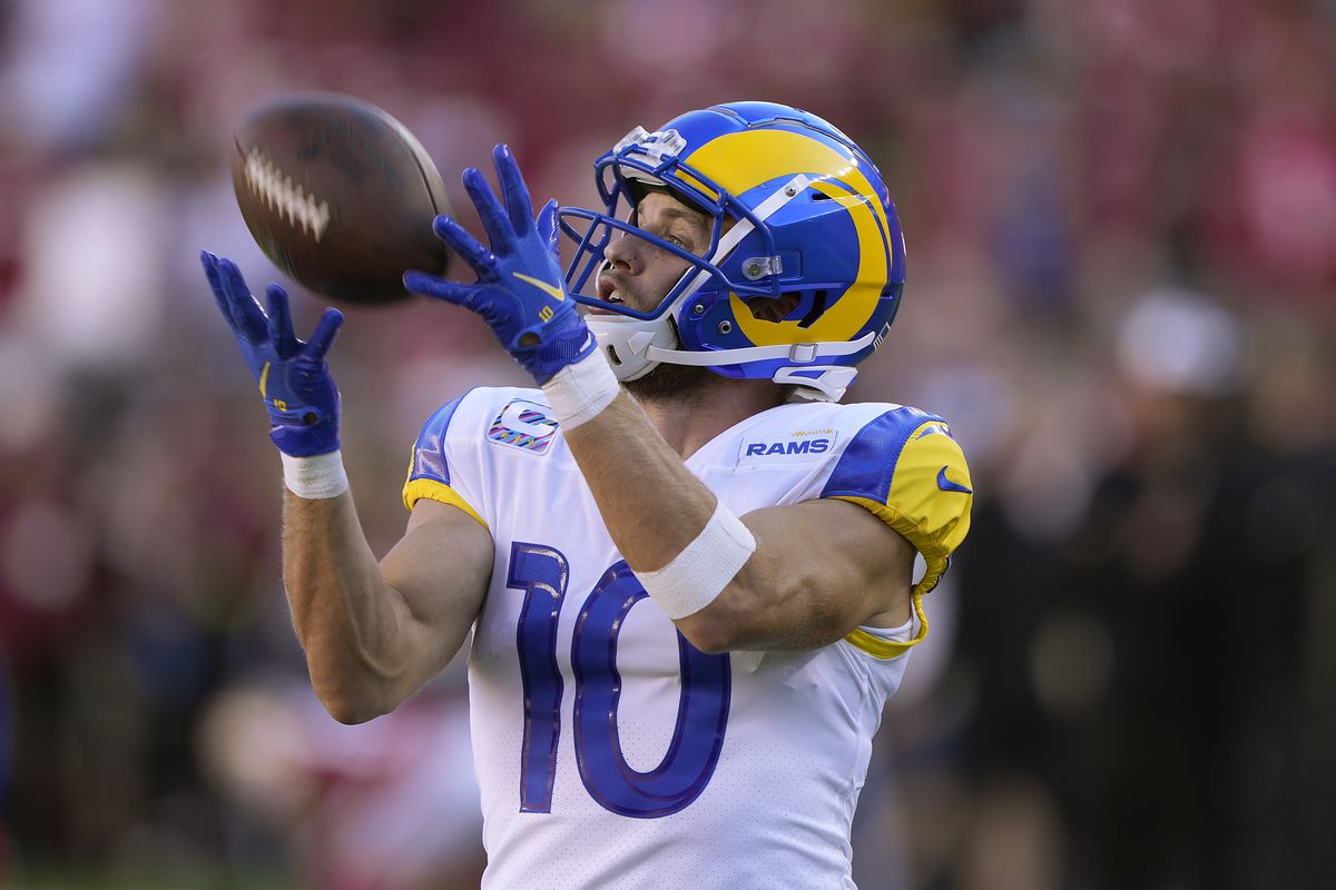 Wide receiver Cooper Kupp #10 of the Los Angeles Rams warms up before playing against the San Francisco 49ers