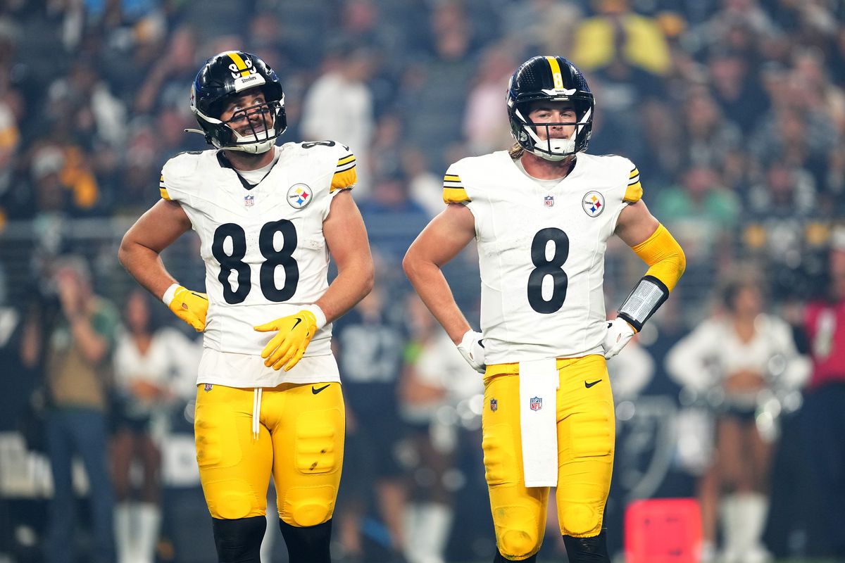 Pat Freiermuth #88 and Kenny Pickett #8 of the Pittsburgh Steelers look on in the game against the Las Vegas Raiders during the third quarter at Allegiant Stadium on September 24, 2023 in Las Vegas, Nevada.