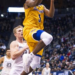 Cal State Bakersfield forward Taze Moore (3) goes up for a layup during an NCAA college basketball game against Brigham Young in Provo on Thursday, Dec. 22, 2016. Brigham Young held off Cal State Bakersfield for the win with a final score of 81-71.