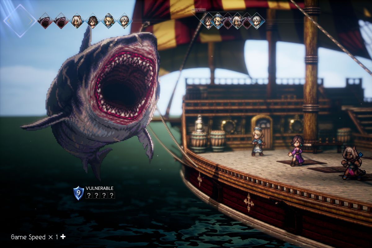 A giant shark menaces a line of four pixelated characters standing on the deck of a ship in Octopath Traveler 2