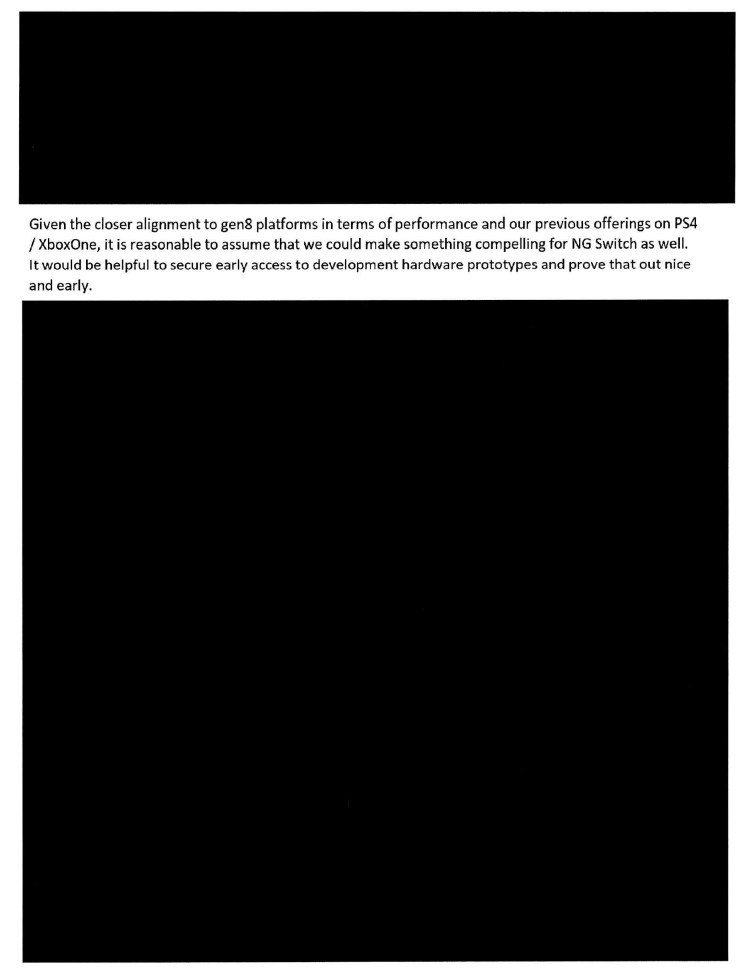 The majority of the page is redacted with a large black box, but some text remains: “Given the closer alignment to Gen8 platforms in terms of performance and our previous offerings on PS4 / Xbox One, it is reasonable to assume we could make something compelling for the NG Switch as well. It would be helpful to secure early access to development hardware prototypes and prove that out nice and early.”