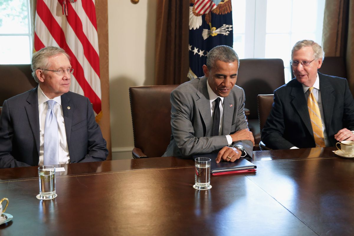 Senate Minority Leader Harry Reid, President Obama, and Senate Majority Leader Mitch McConnell.