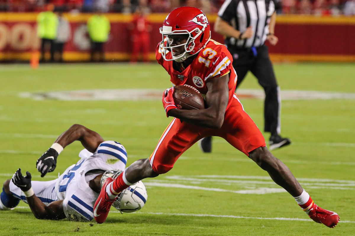 Kansas City Chiefs wide receiver Byron Pringle runs against Indianapolis Colts defensive back George Odum during the first half at Arrowhead Stadium.