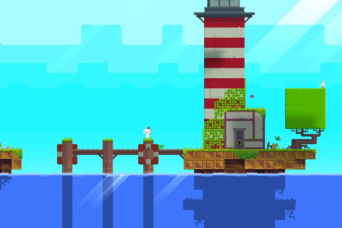 A pixelated view of a small figure wearing a fez hat stood near a lighthouse