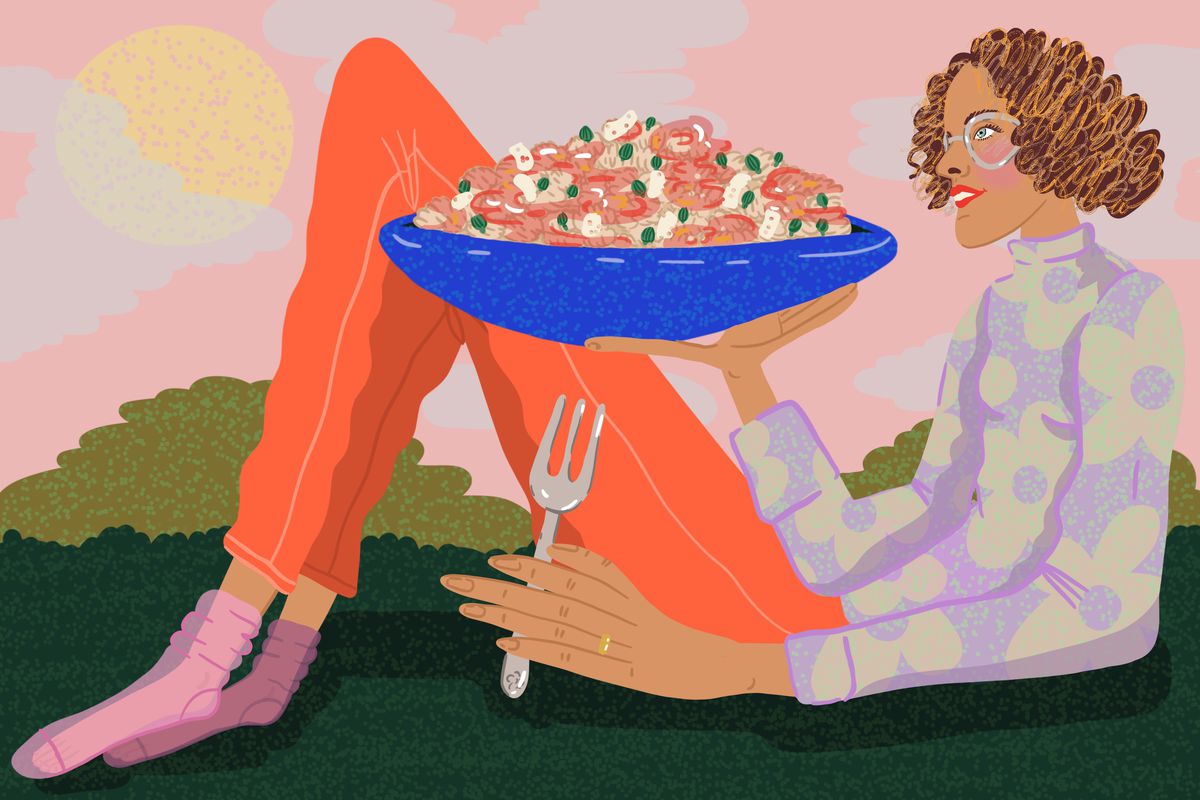 Ruby Tandoh sits on the ground holding a huge bowl of gnocchi with capers and chile crisp. Illustration.