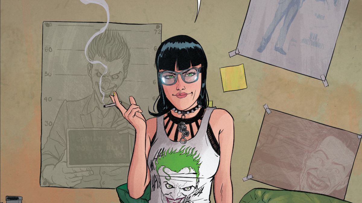Alexis, aka Punchline, sits on her bed in her dorm room, smoking a cigarette. She’s wearing a Joker t-shirt and purple combat boots with green laces, Her wall is plastered with posters of the Joker. “No $#@&amp;,” she says, in The Joker 80th Anniversary 100-Page Super Spectacular, DC Comics (2020). 