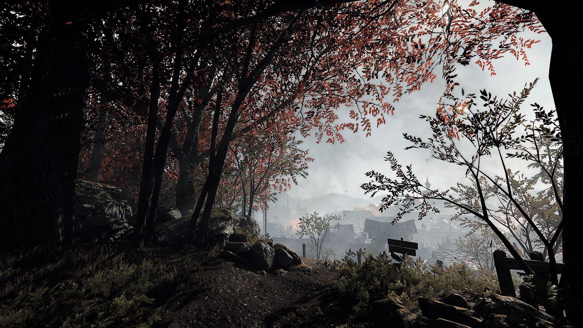 A forest and a town in Warhammer: Vermintide 2