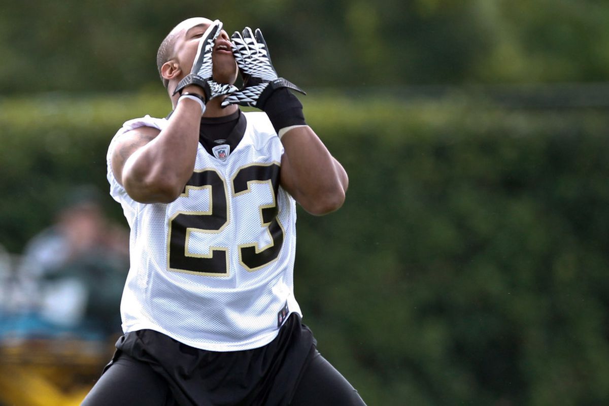 May 24, 2012; Metairie, LA, USA; New Orleans Saints running back Pierre Thomas (23) during organized team activities at the team's practice facility. Mandatory Credit: Derick E. Hingle-US PRESSWIRE