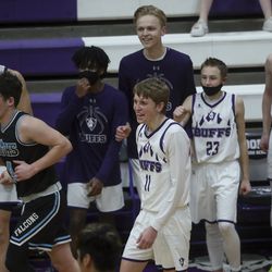 Tooele’s McCade Laughlin smiles after he nailed a 3-pointer to end the third quarter during the first round game against Canyon View during the 4A basketball tournament at Tooele High School on Tuesday, Feb. 23, 2021.