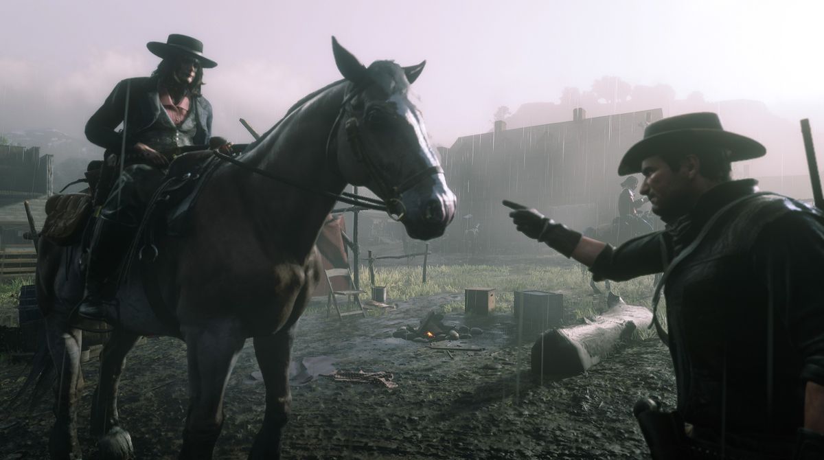 Red Dead Online - a player admonishes Hayseed, the large Belgian Draft horse.