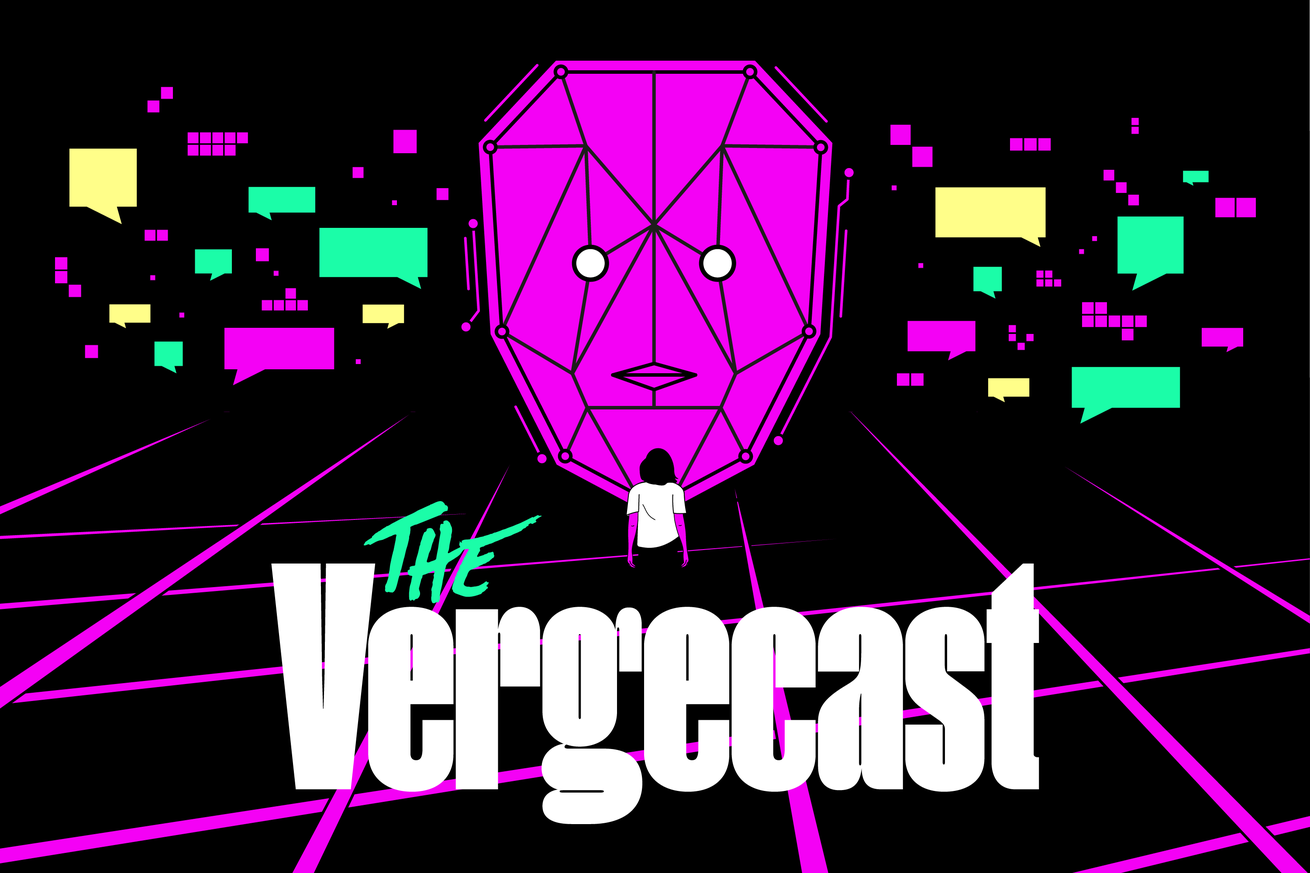 Illustration of the Vergecast logo with an AI face