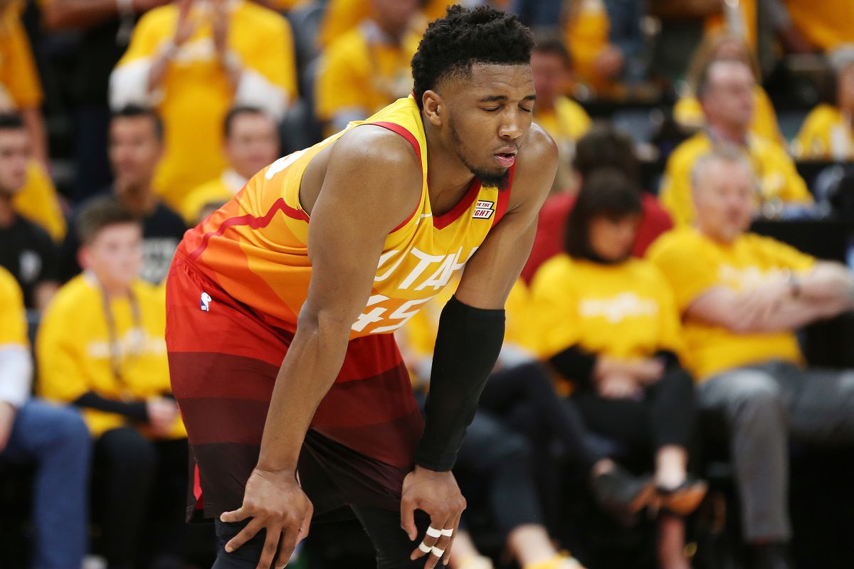 Utah Jazz guard Donovan Mitchell (45) reacts after missing his last attempt at the end of the game during NBA playoffs in Salt Lake City on Saturday, April 20, 2019. The Jazz lost 104-101.
