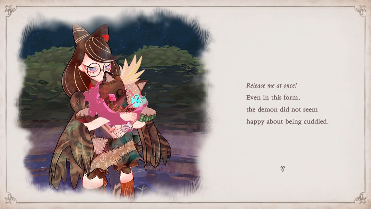 A screenshot from Bayonetta Origins: Cereza and the Lost Demon, in which the young Cereza is holding her demon cat Cheshire in her arms. The scene is presented with a storybook presentation, with dialogue and narration on the right side of the page reading “‘Release me at once!’ Even in this form, the demon did not seem happy about being cuddled.”