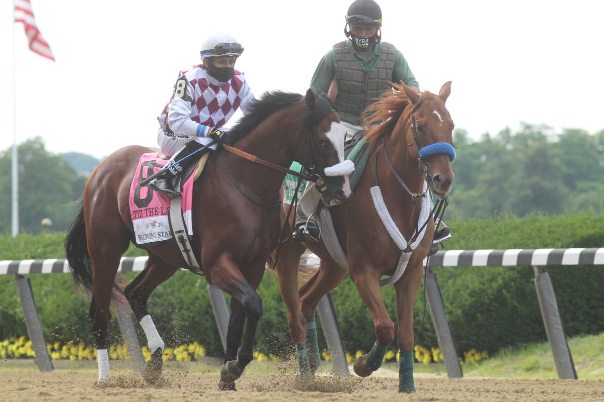 Tiz The Law with Manuel Franco up wins the Belmont Stakes at Belmont Park Racetrack, on June 20, 2020 in Elmont, New York.