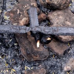 A cross that used to mark the grave of Shadow, one of Doug and Linda Adams' dogs, is pictured in Fruitland on Wednesday, July 11, 2018. The Dollar Ridge Fire destroyed their house. Nine grave markers for other dogs were also destroyed.