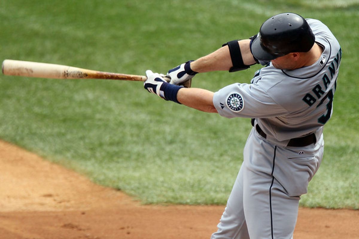Russell Branyan of the Seattle Mariners connects on a first inning home run against the New York Yankees on August 21, 2010 (Photo by Jim McIsaac/Getty Images)