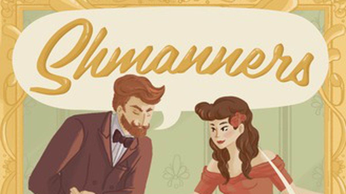An illustration of Travis and Teresa Mcelroy with a mint green baroque wallpaper background and an ornate gold frame. Travis is wearing a brown suit and bowing to Teresa. Teresa is wearing a red dress with three red flowers in her hair and curtsying to Travis. Travis has a speech bubble above him that says “Shmanners” and Teresa has a speech bubble below her that says “Extraordinary etiquette for ordinary occasions”.