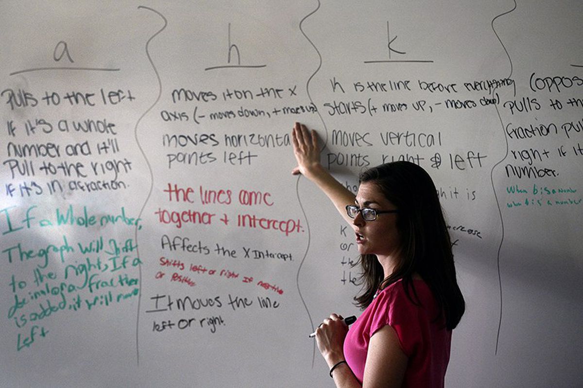 A female teacher in a pink shirt points to a math problem on a white board. 