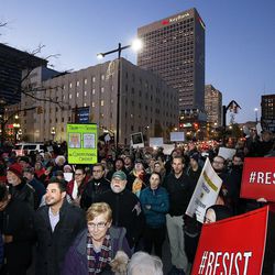 Protesters rally in Salt Lake City on Thursday, Nov. 8, 2018, following the resignation of Attorney General Jeff Sessions.