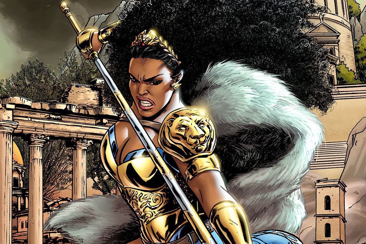 Queen Nubia of the Amazons brandishes a spear on the cover of Nubia and the Amazons #1 (2021).
