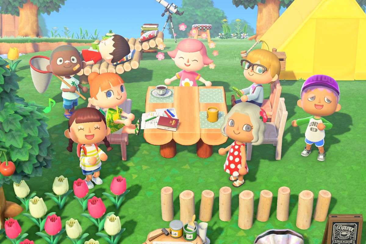 A group of eight residents gathered around a picnic table in Animal Crossing: New Horizons