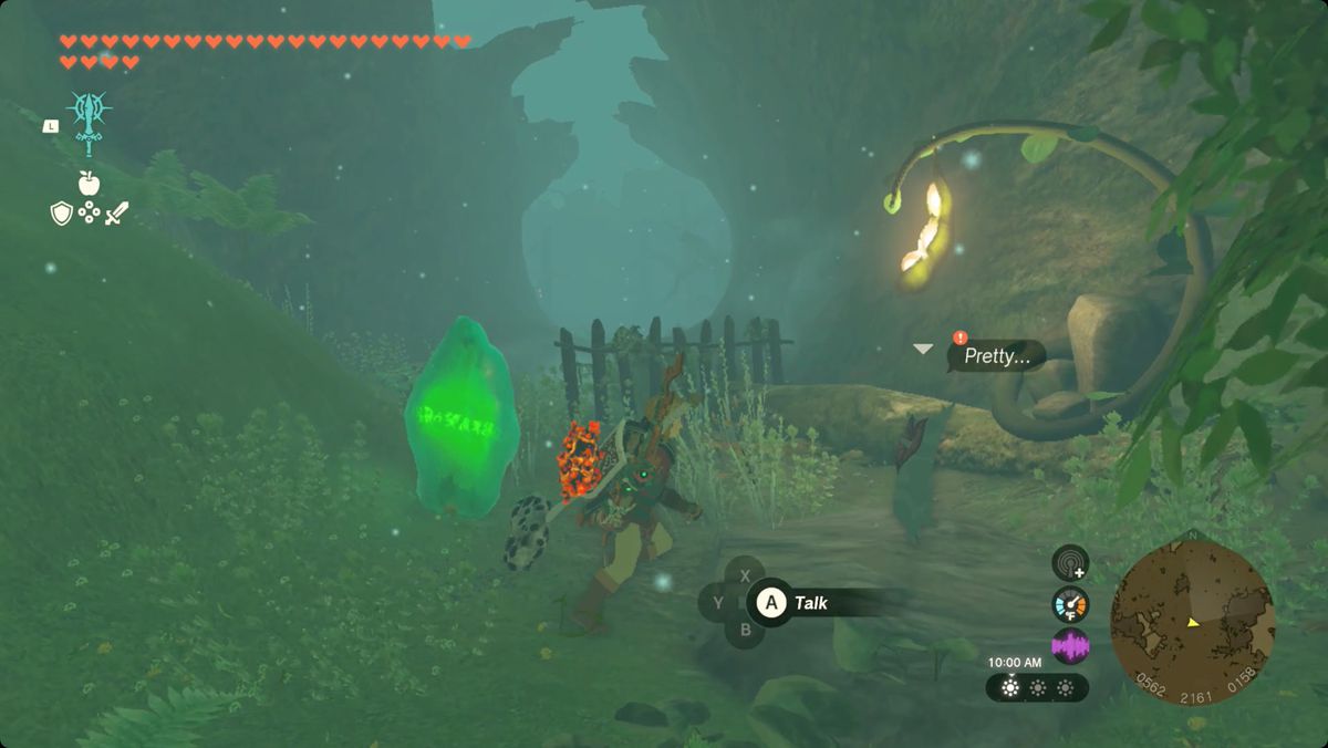 The Legend of Zelda: Tears of the Kingdom Link approaching Damia the Korok who will exchange five golden apples for the shrine crystal.