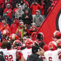 The Utes celebrate with their fans after defeating the Buffaloes at Folsom Field in Boulder, Colorado, on Saturday, Nov. 17, 2018.
