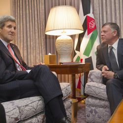 Sec. of State John Kerry, left, with King Abdullah II of Jordan, right, during their meeting at the Four Season Hotel in Washington, Tuesday, Feb. 3, 2015. 