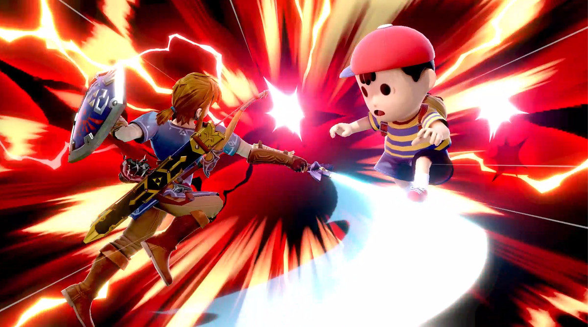 Link fighting Ness in Super Smash Bros. Ultimate
