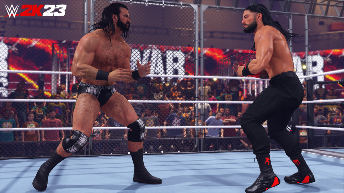 Drew McIntyre and Roman Reigns face off in the all-new “WarGames” mode of WWE 2K23