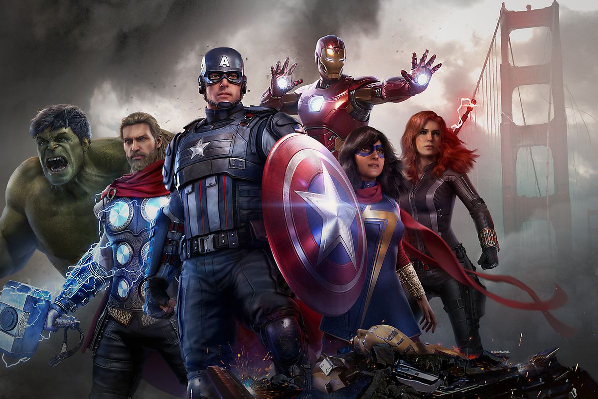 Marvel’s Avengers team line-up, including Hulk, Thor, Captain America, Iron Man, Ms. Marvel, and Black Widow, standing on the Golden Gate Bridge